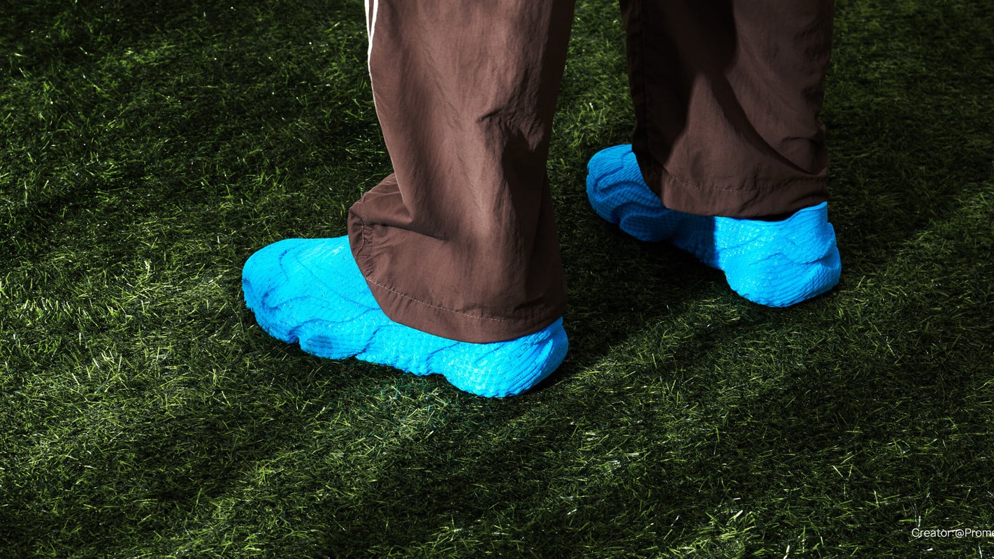 Blue additively manufactured footwear shown outdoors.