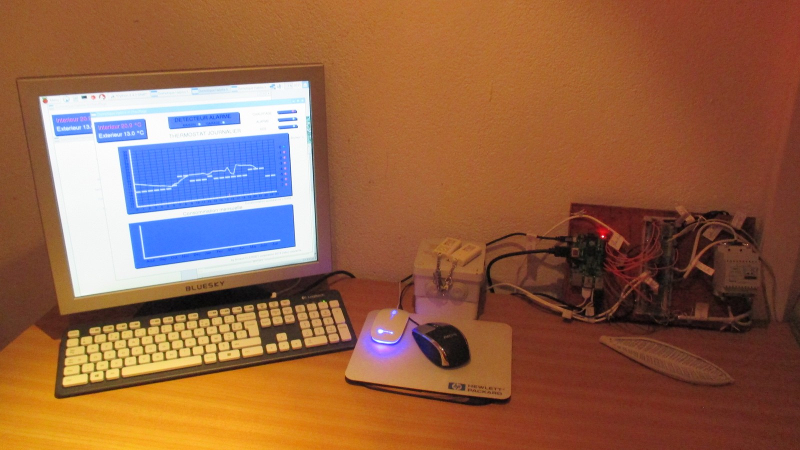 Real home-automation electronics node and wiring in a lab enclosure.