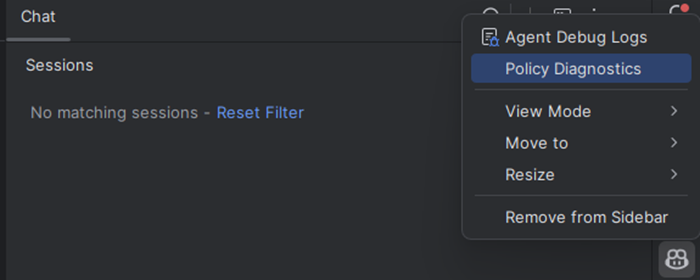JetBrains menu with the GitHub Copilot enterprise policy diagnostics command.