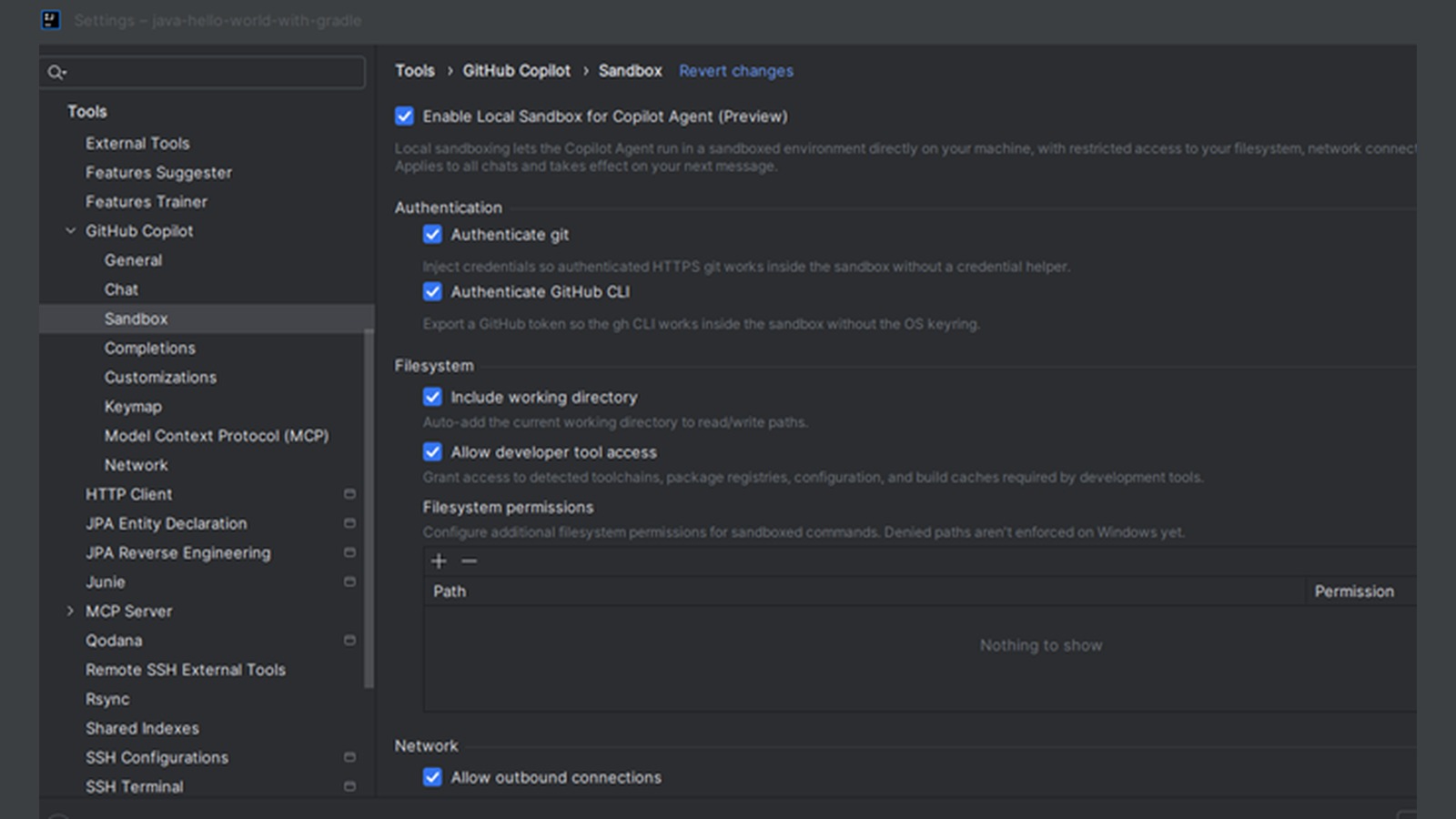 GitHub Copilot sandbox settings in a JetBrains IDE, including filesystem and network controls. GitHub Copilot sandbox settings in a JetBrains IDE, including filesystem and network controls.
