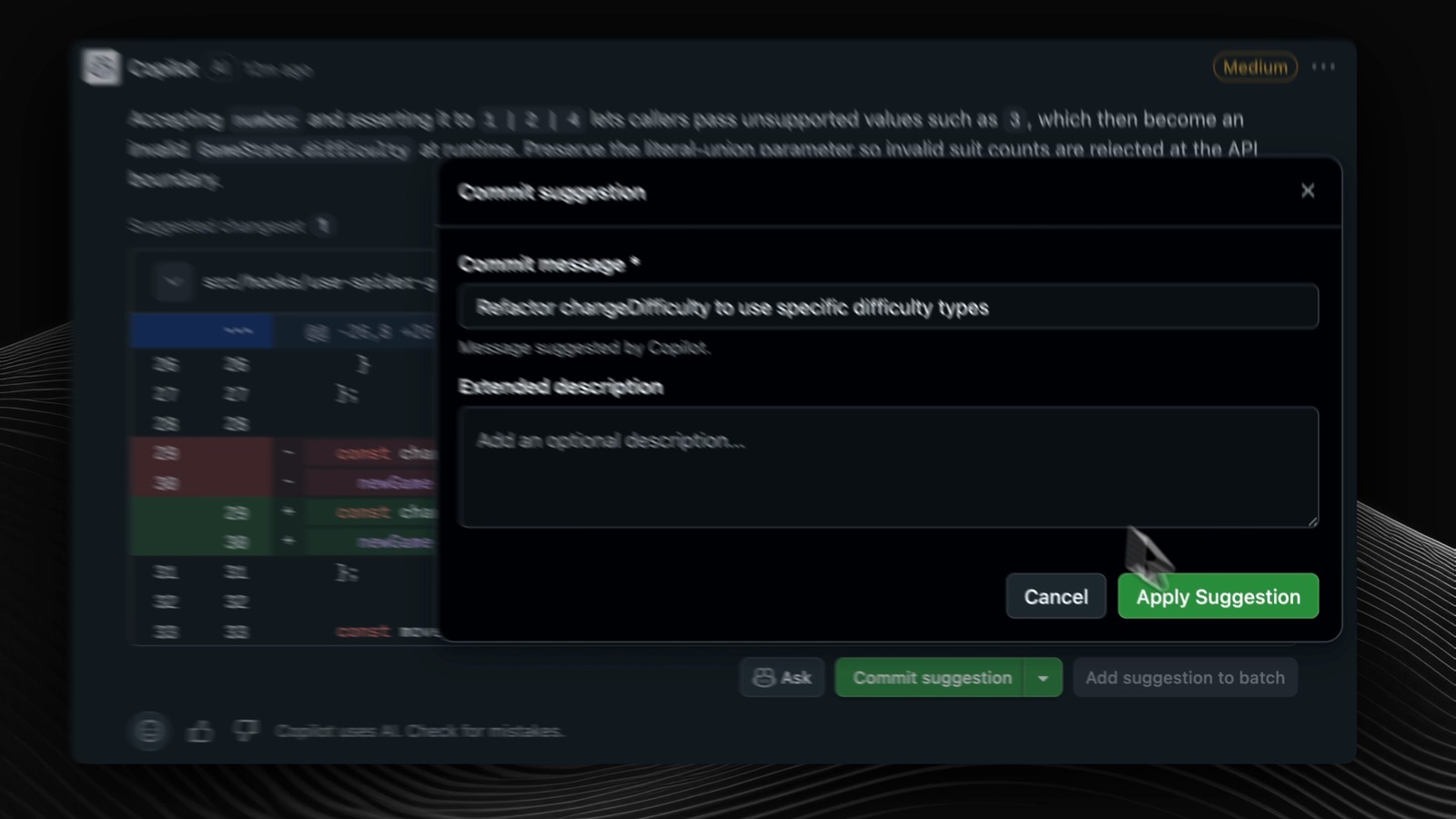 GitHub Copilot code review dialog with an AI-generated commit message for an applied suggestion.