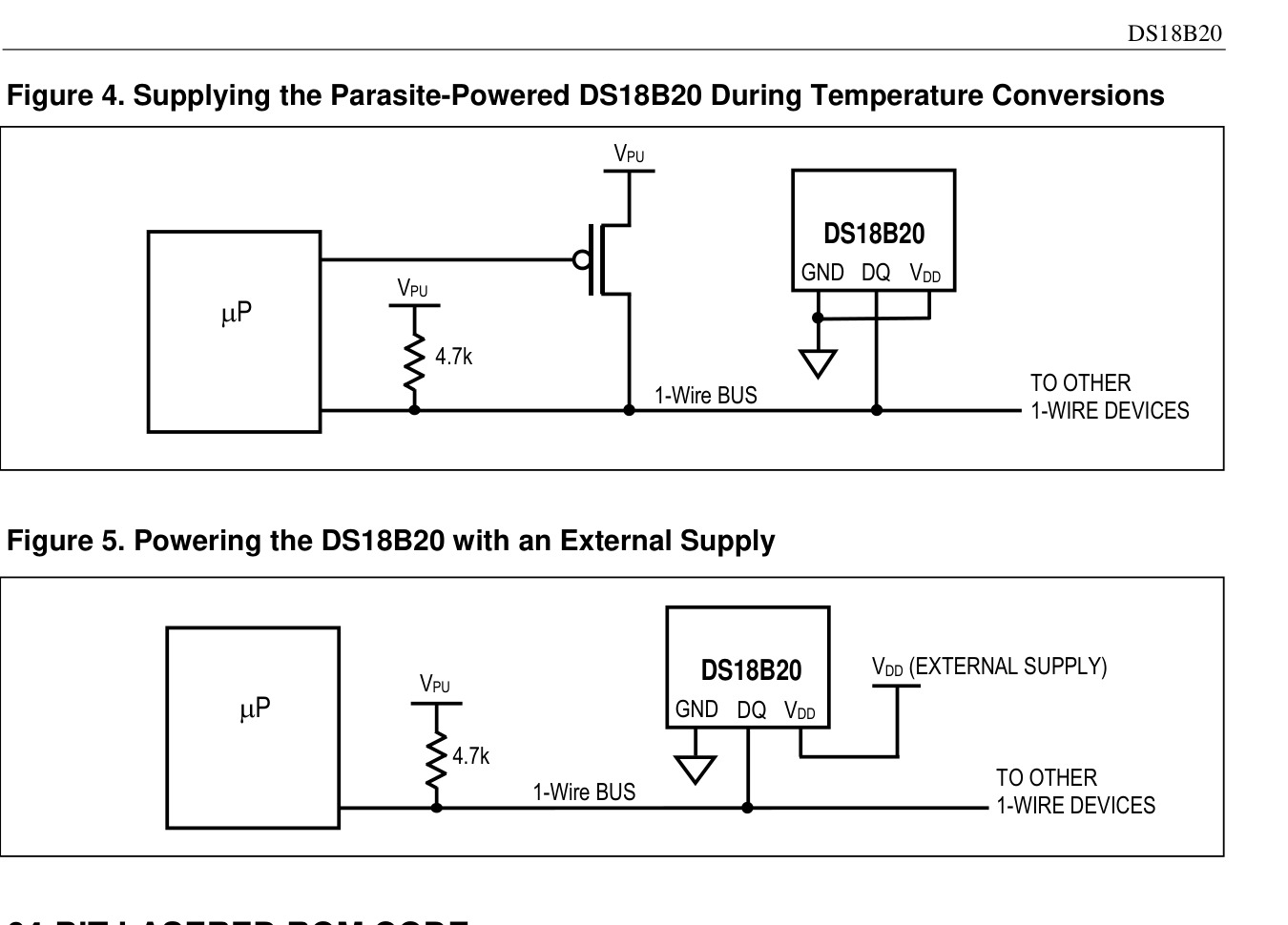 Official DS18B20 datasheet diagrams comparing parasite power and an external VDD supply