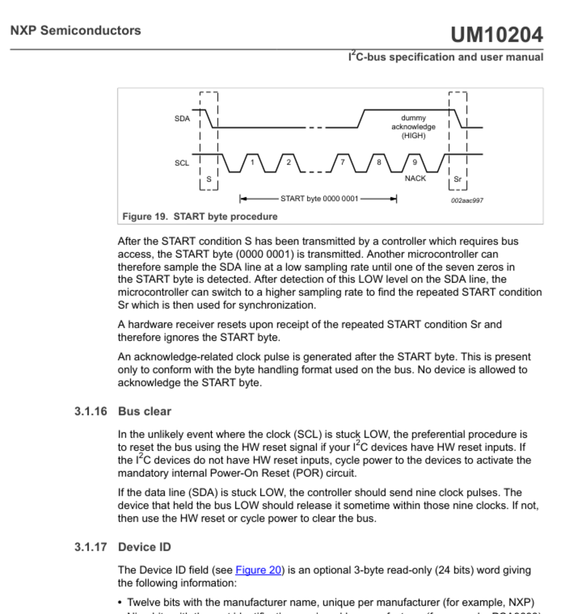 NXP UM10204 section 3.1.16 showing the nine-clock I2C bus-clear procedure