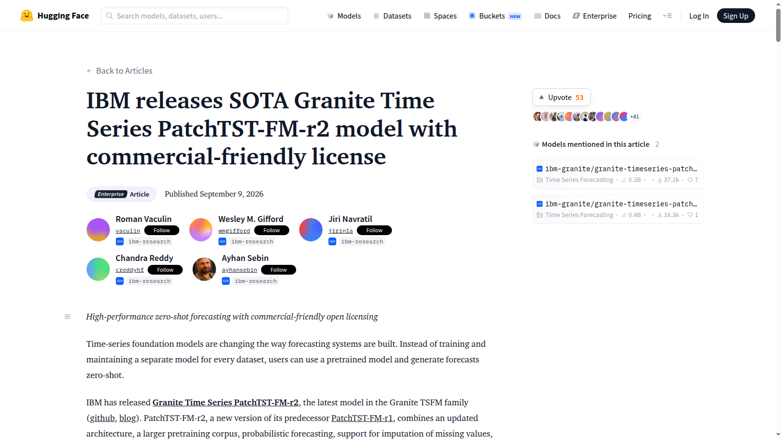 IBM Research announcement page for the Granite Time Series PatchTST-FM-r2 model IBM Research announcement page for the Granite Time Series PatchTST-FM-r2 model