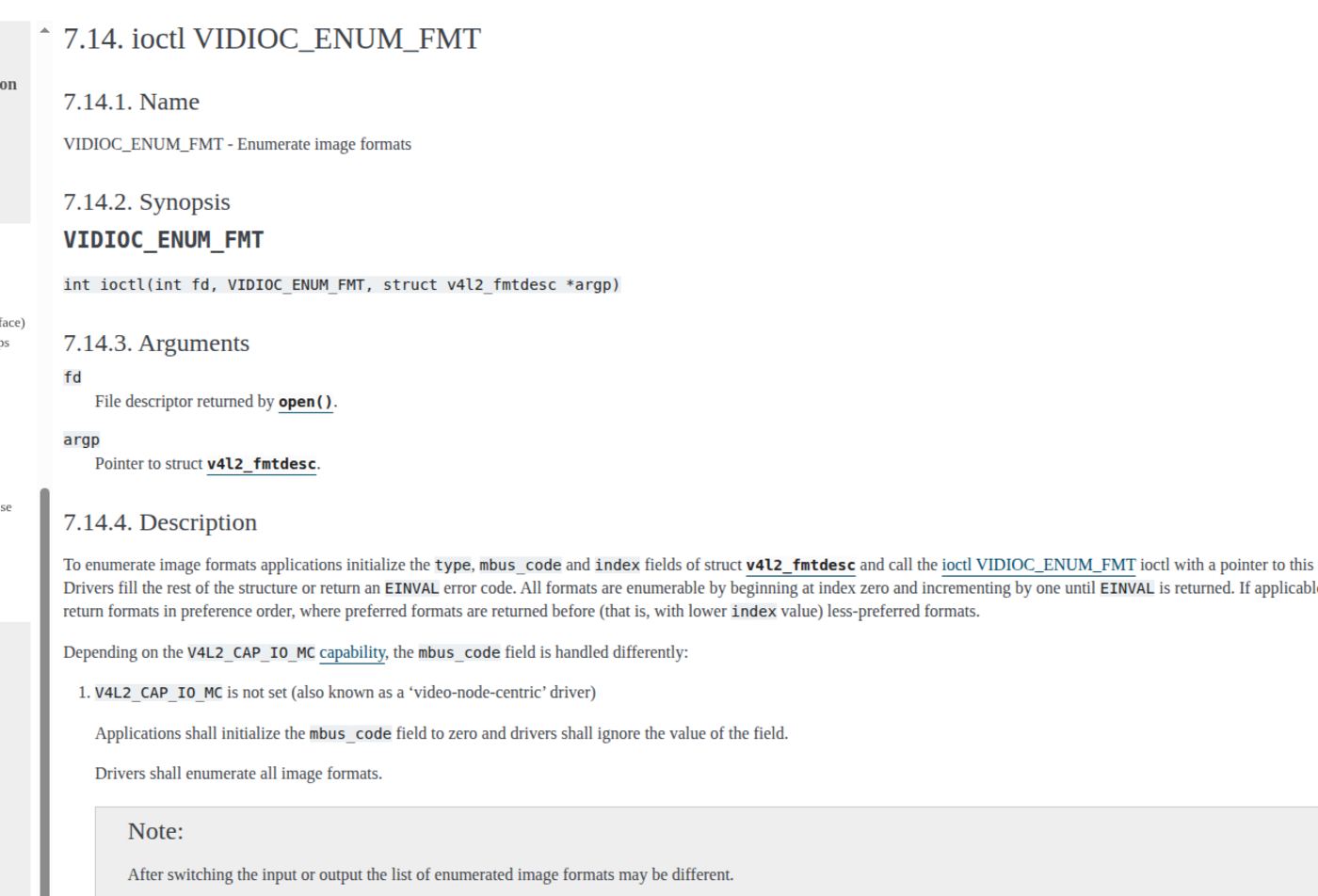 Linux kernel documentation for VIDIOC_ENUM_FMT image-format enumeration