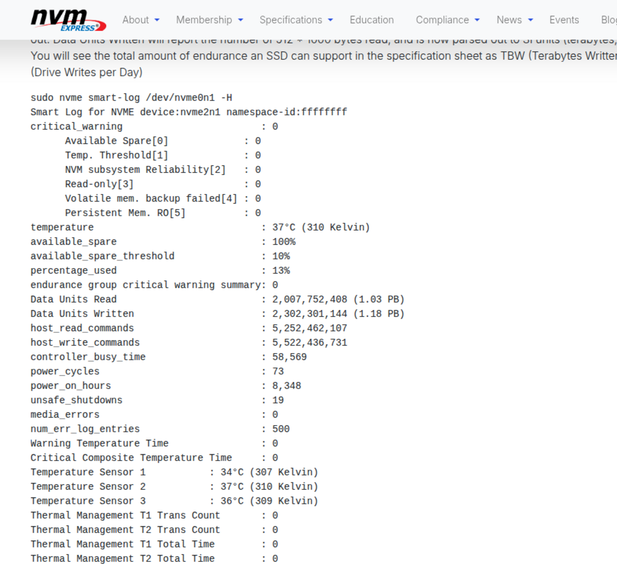 NVM Express nvme-cli smart-log example showing critical warning and health counters