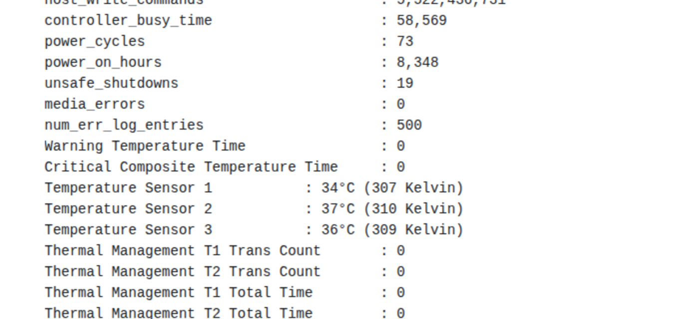 NVMe SMART fields for power cycles, unsafe shutdowns, media errors and error-log entries
