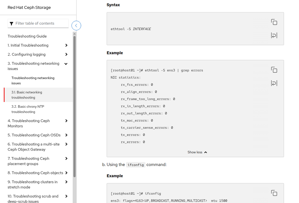 Red Hat ethtool -S example showing receive and transmit interface error counters