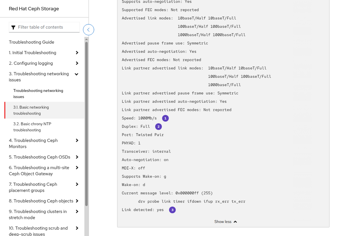 Red Hat ethtool output showing 1000Mb/s speed, full duplex, auto-negotiation and link detected