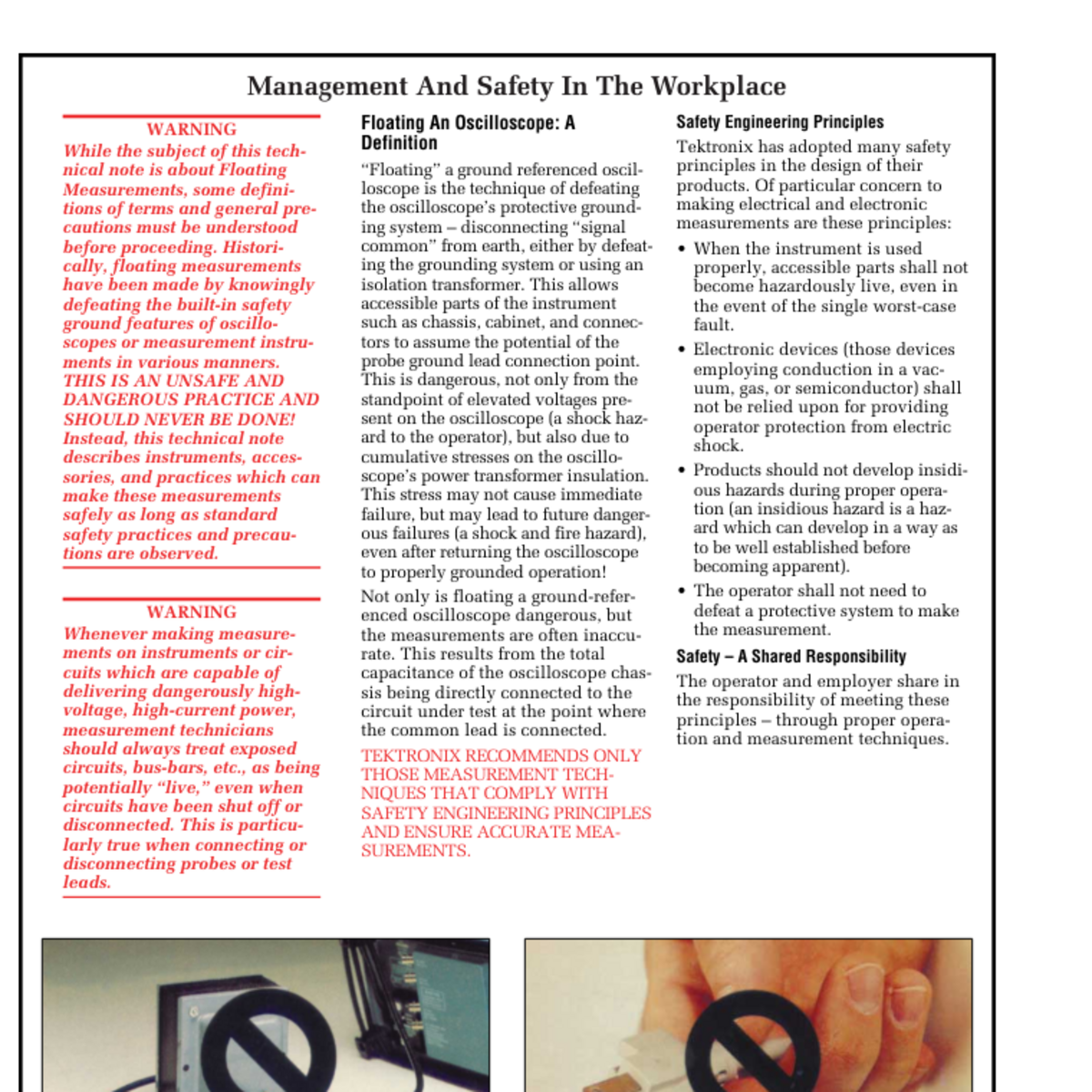Tektronix technical brief warning that defeating an oscilloscope protective ground is unsafe