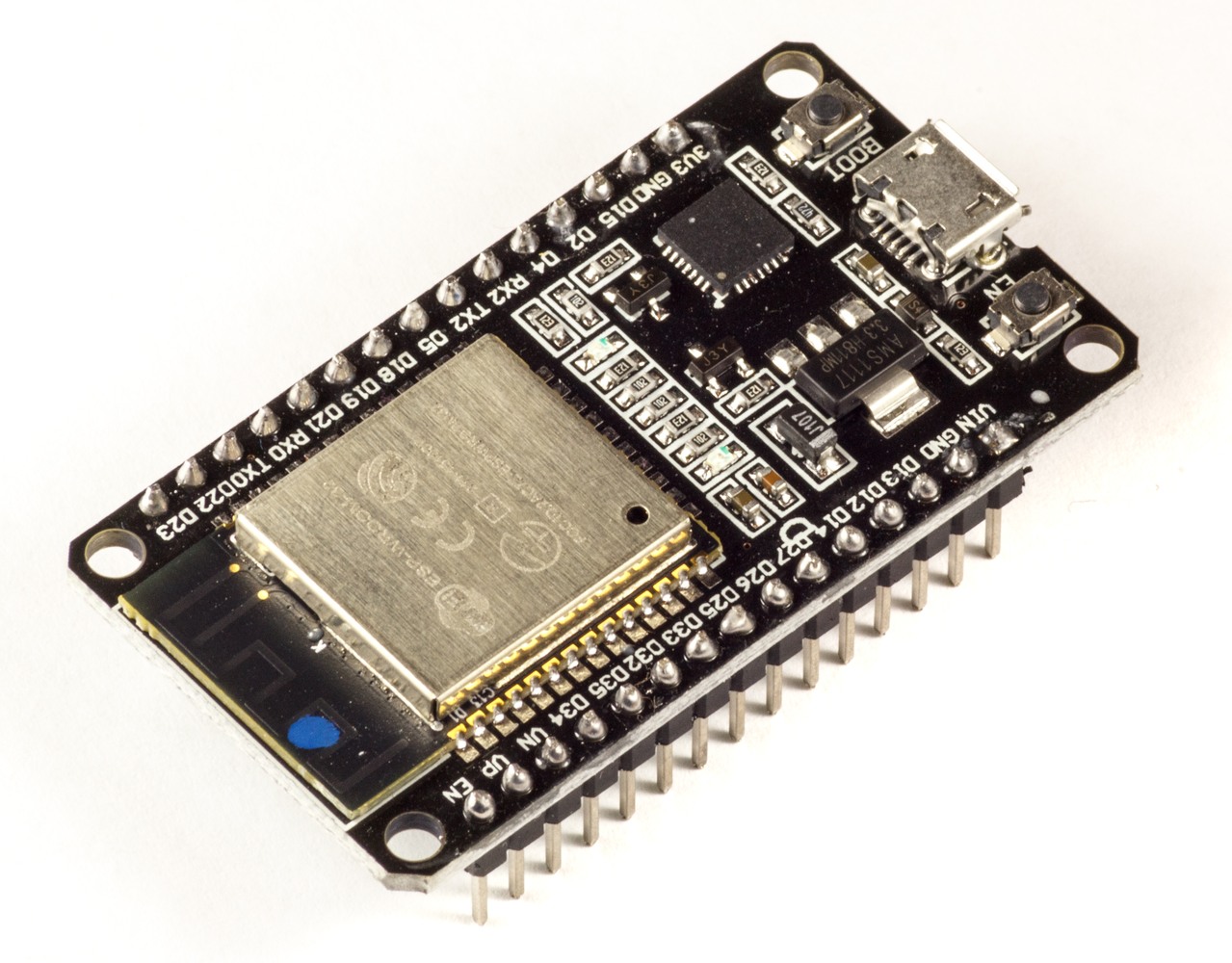 ESP32 ESP-WROOM-32 development board viewed from the component side