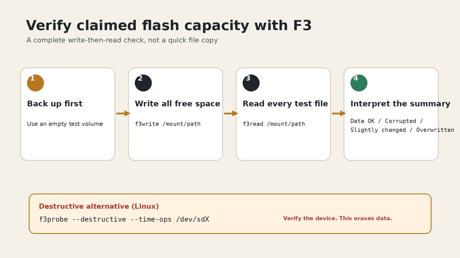 Flowchart showing the safe F3 backup, f3write, f3read and result sequence