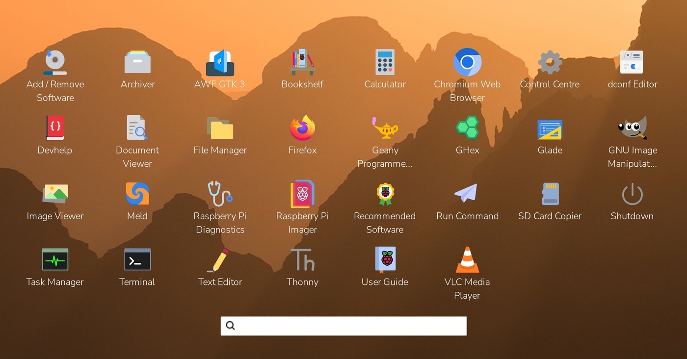 Raspberry Pi Desktop graphical launcher showing application icons and a search field