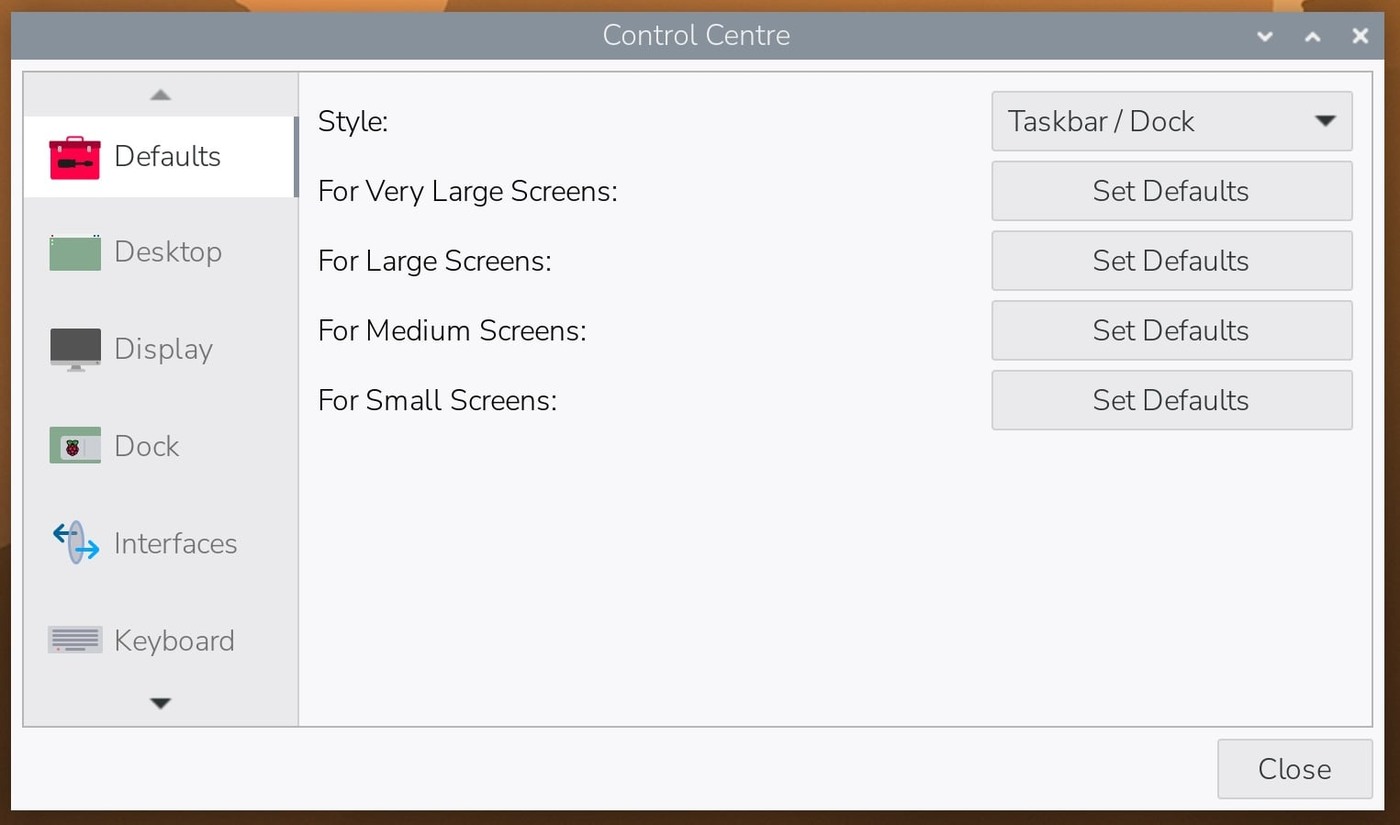 Raspberry Pi Control Centre Defaults page with Taskbar, Taskbar and Dock, and Dock style choices