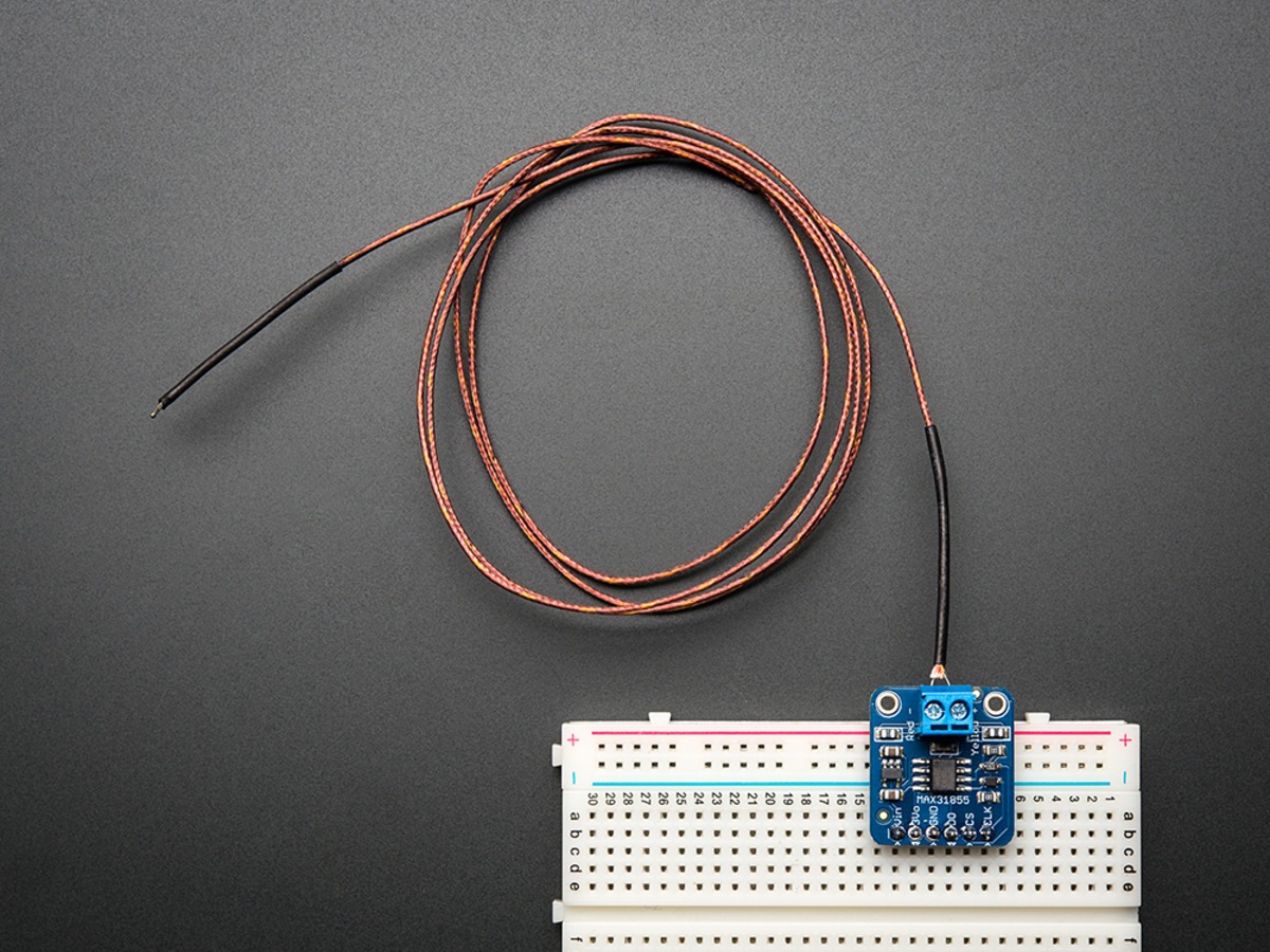 MAX31855 breakout connected to a thermocouple probe on a breadboard