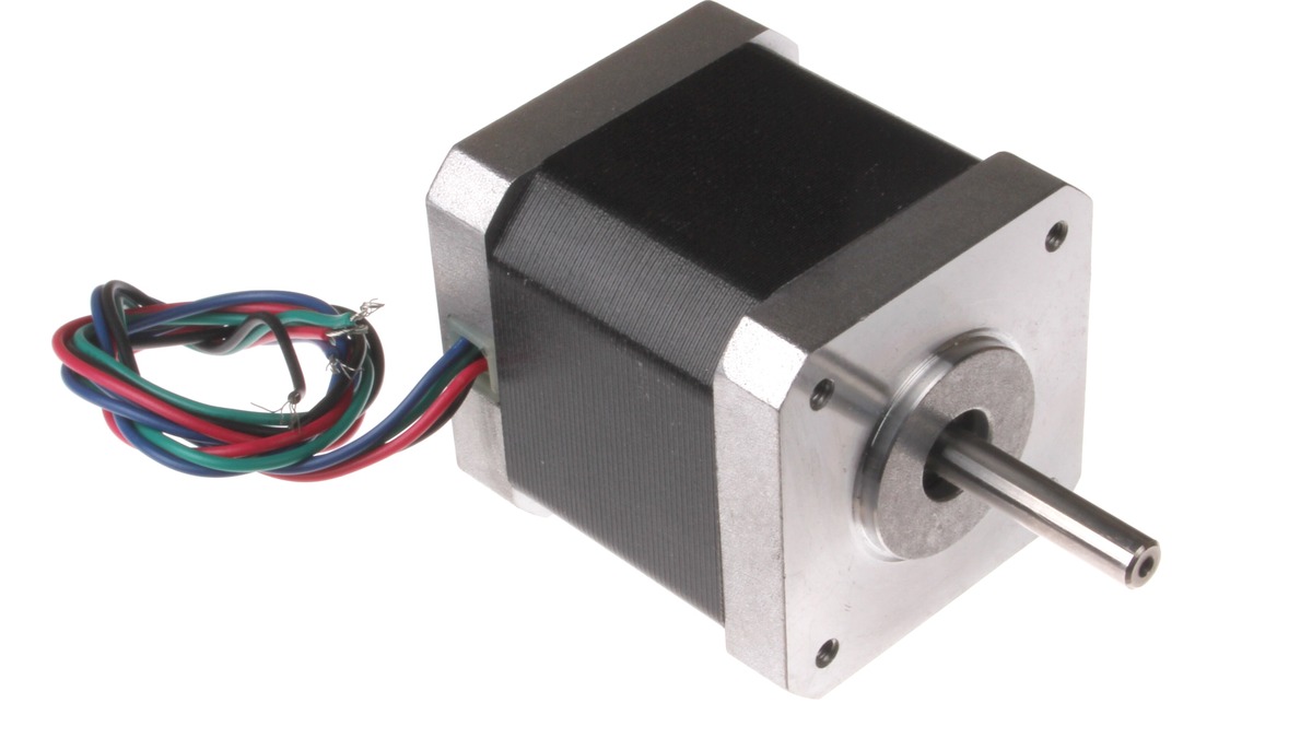 Four-wire NEMA 17 stepper motor with its colored leads visible