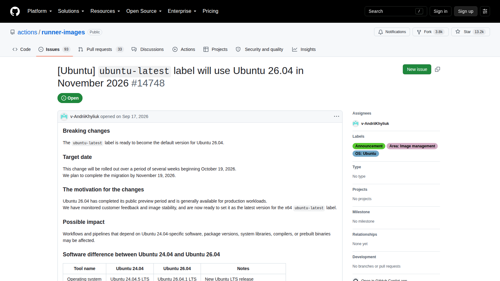GitHub runner-images issue for the Ubuntu 26.04 ubuntu-latest migration