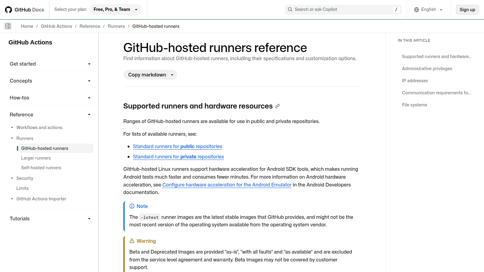 GitHub-hosted runners reference page showing supported runner resources