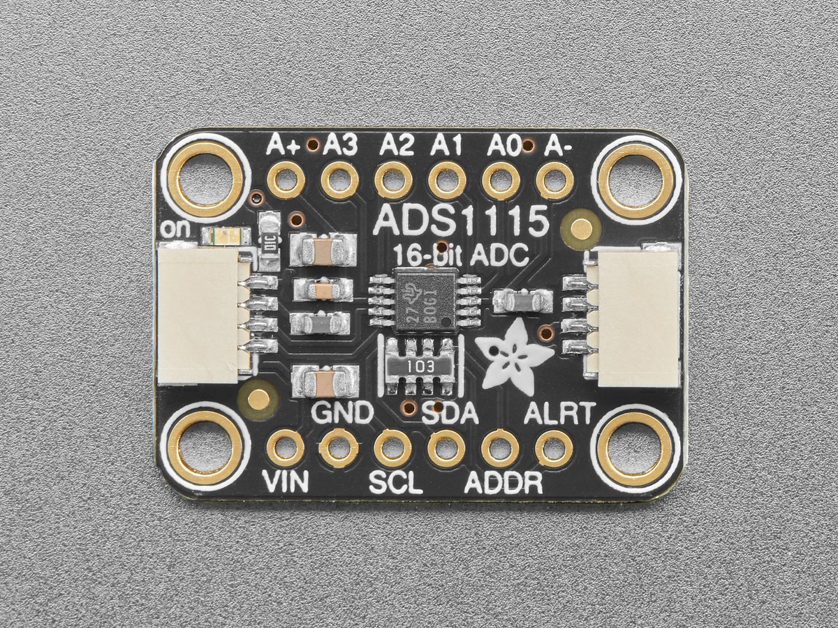 Top view of an Adafruit ADS1115 breakout with channel labels visible