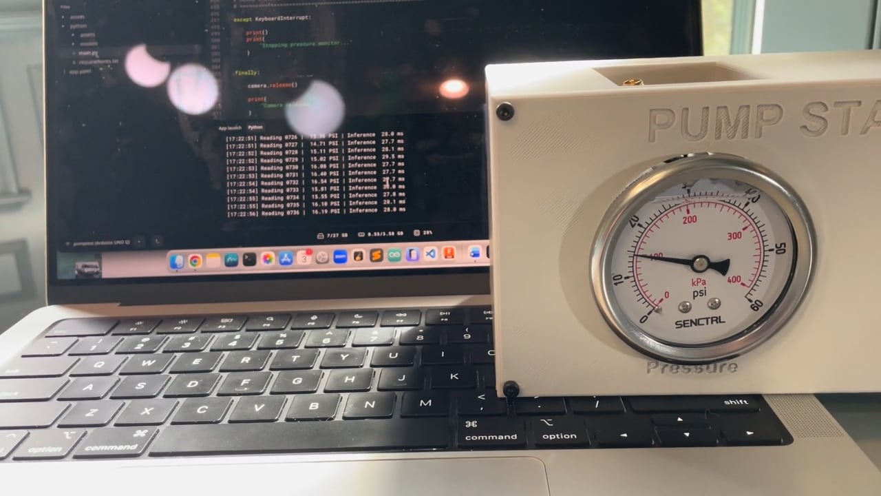 Live UNO Q gauge-reading demonstration showing the analog dial and predicted PSI