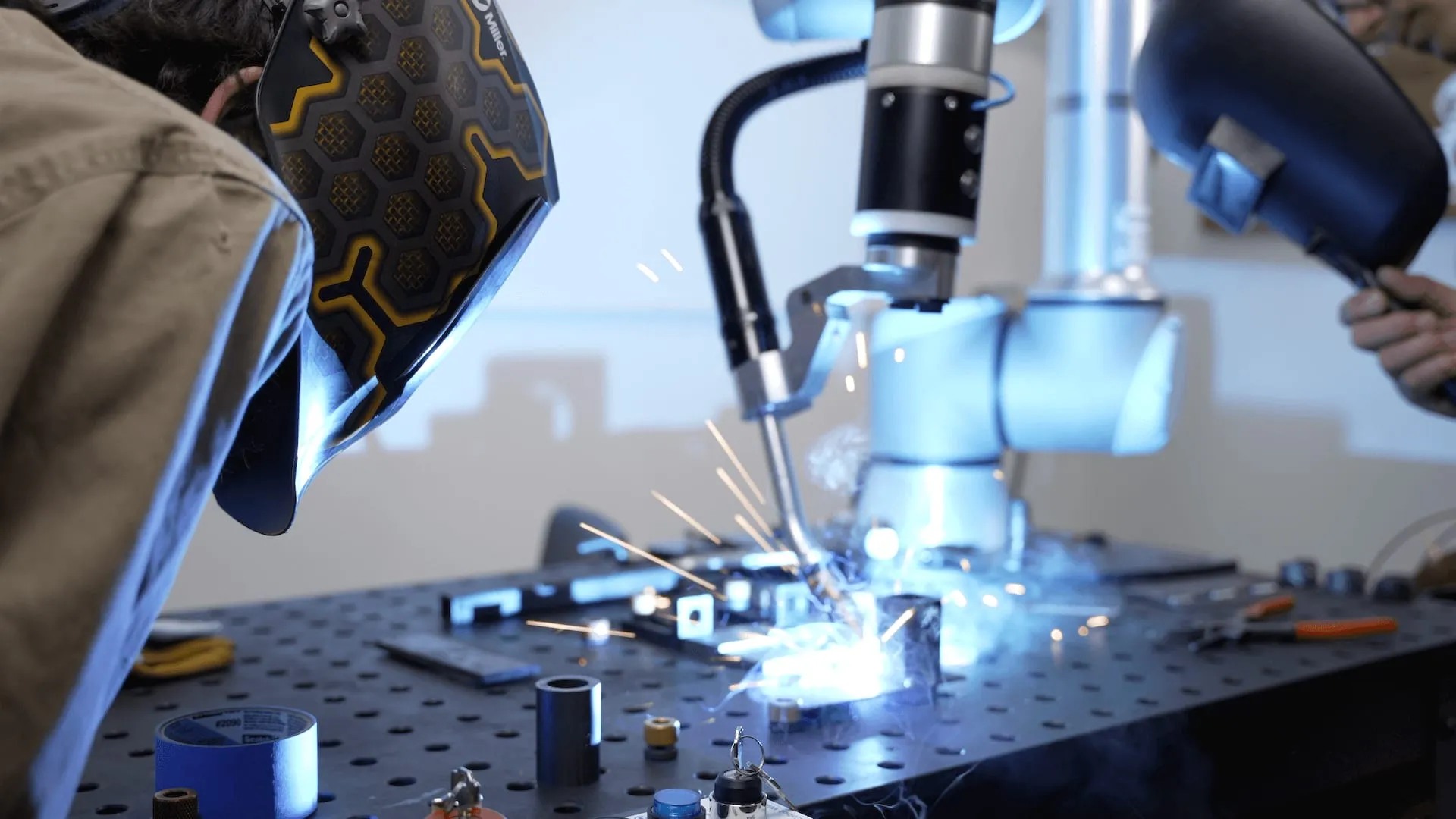 Hirebotics Cobot Welder working on a large fabricated assembly