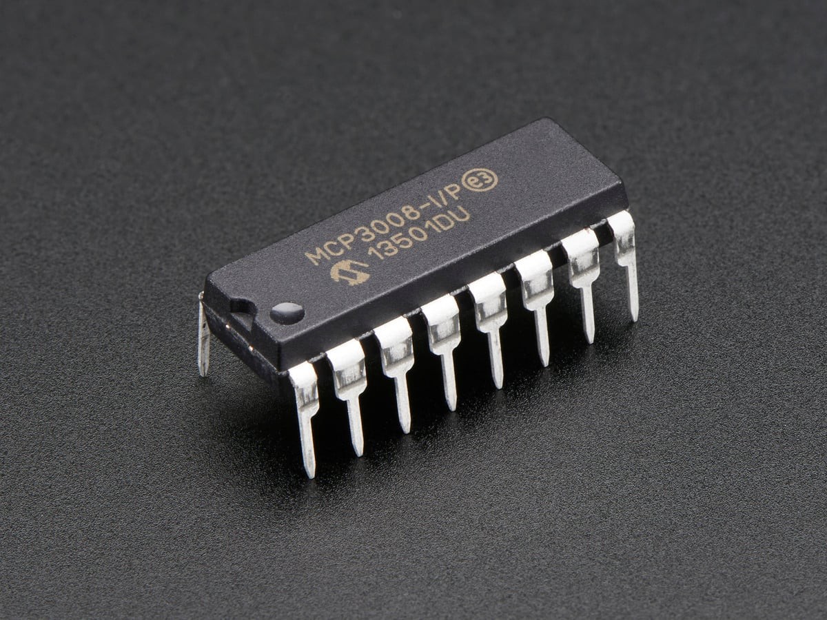 Top view of an MCP3008 analog-to-digital converter chip