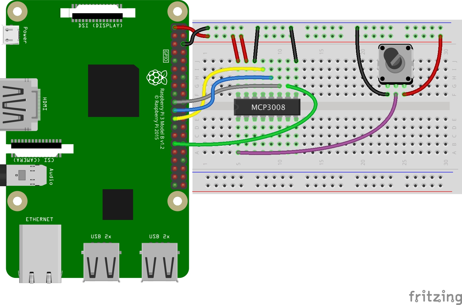 MCP3008 SPI wiring diagram for a Raspberry Pi