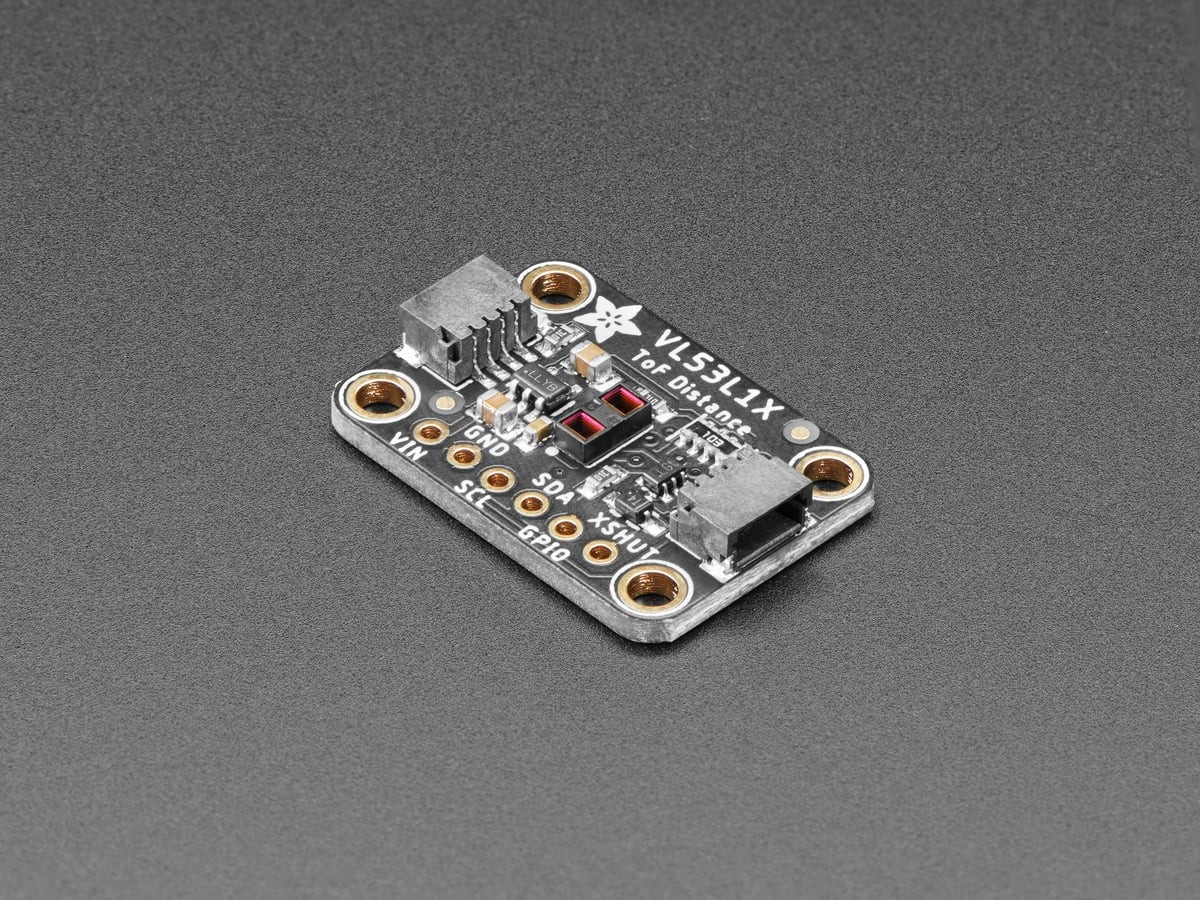 Angled view of an Adafruit VL53L1X time-of-flight sensor breakout
