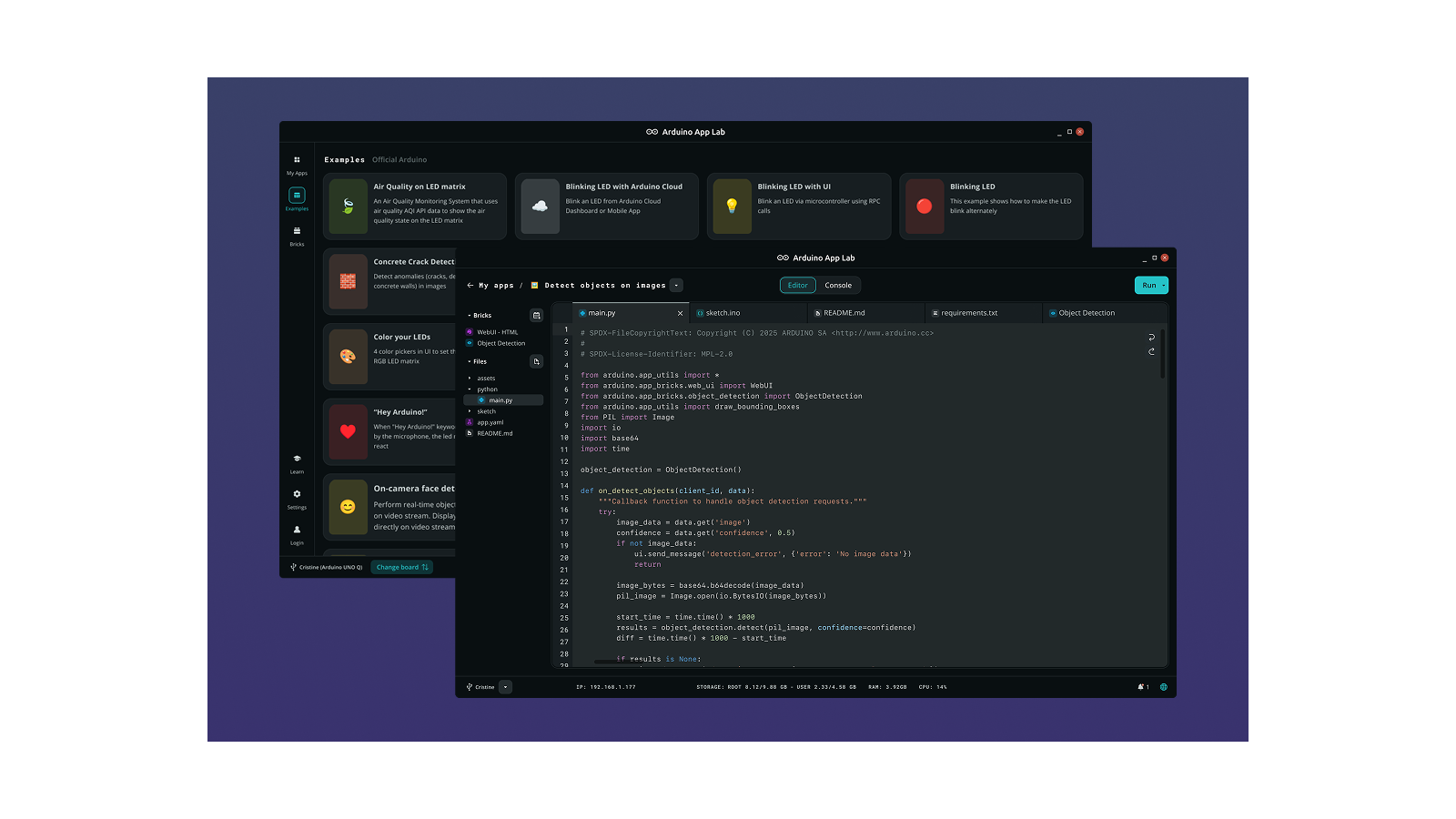 Arduino App Lab interface for developing UNO Q applications