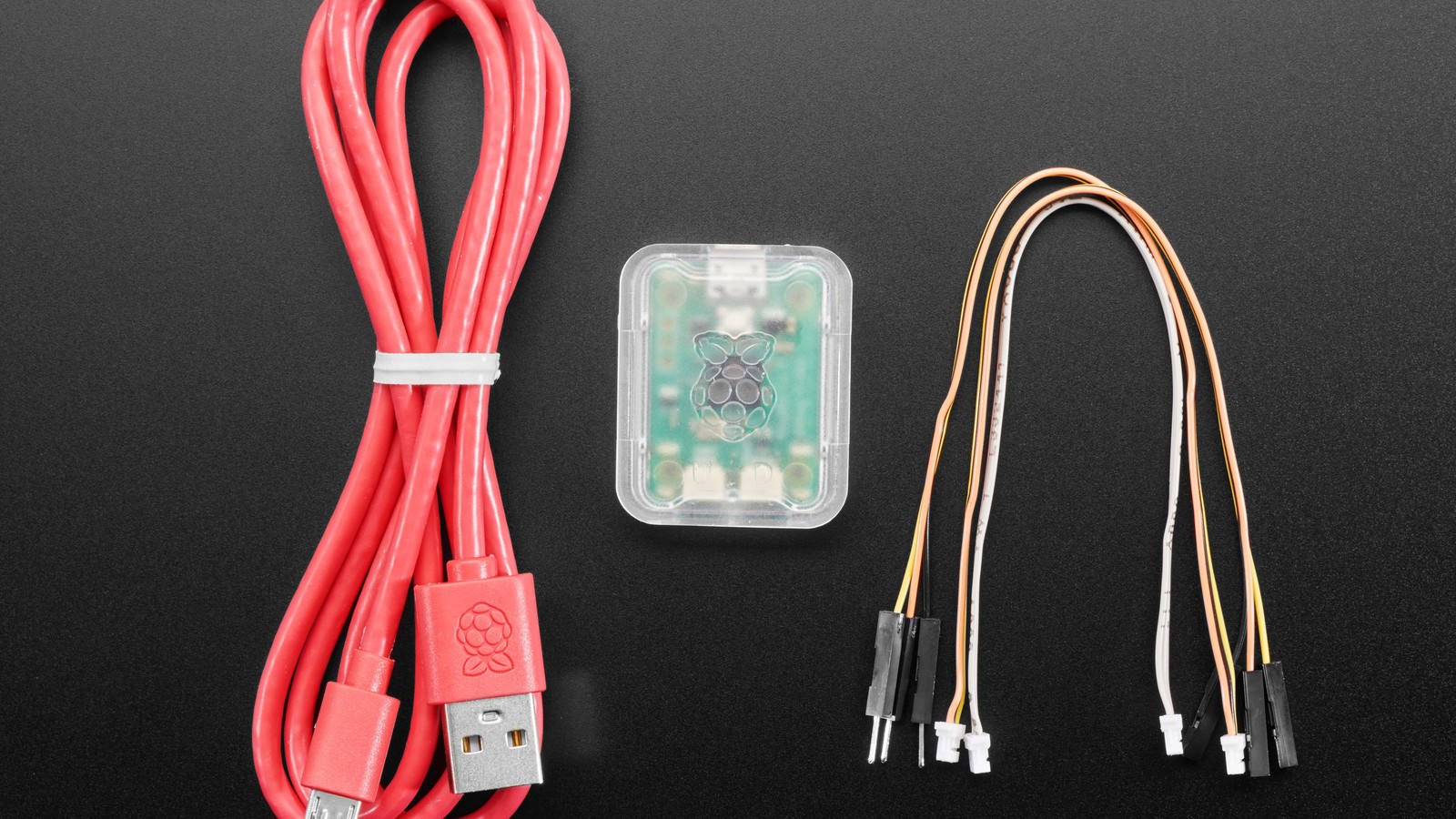 Raspberry Pi Debug Probe kit with USB cable and two three-pin debug cable types