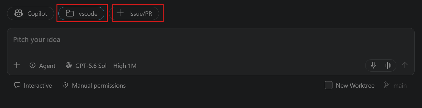 VS Code Agents Window new-session input with folder selection