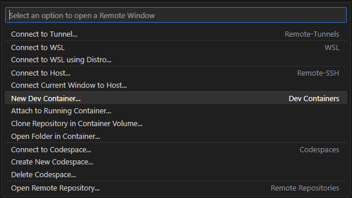 VS Code command palette showing Dev Containers commands