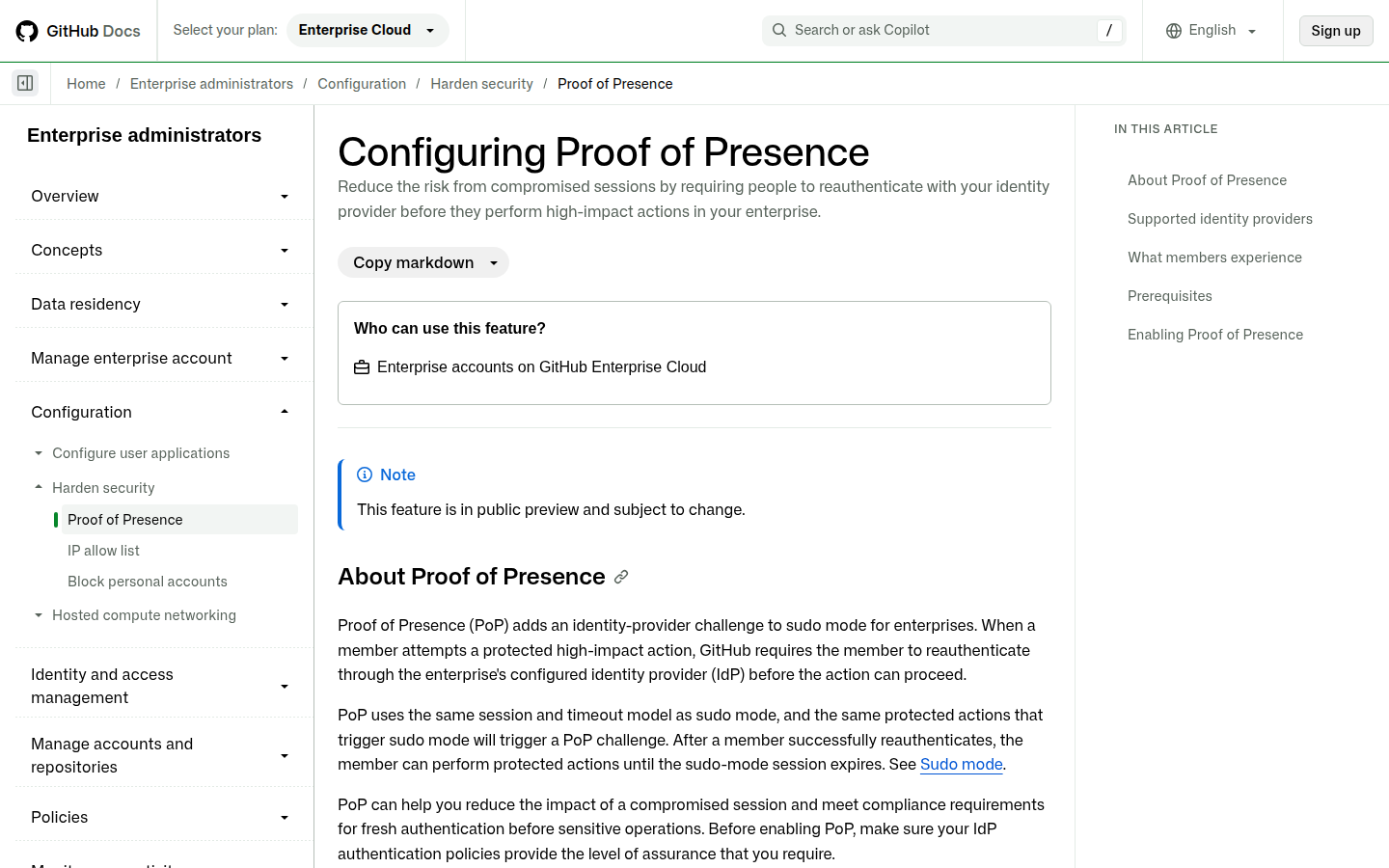 GitHub Enterprise Cloud documentation for configuring Proof of Presence