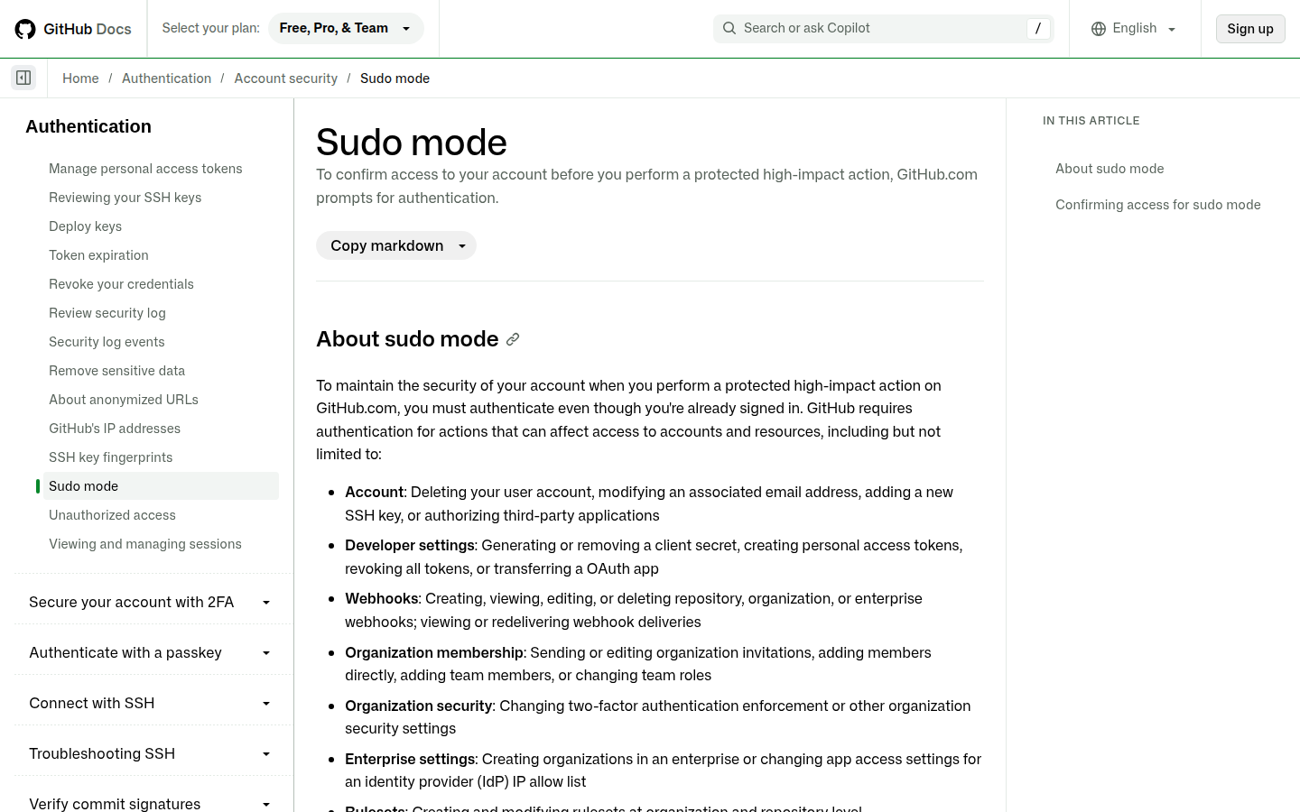 GitHub documentation listing protected actions covered by sudo mode