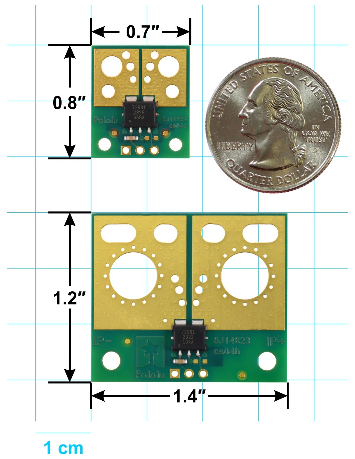 Pololu compact and large ACS72981 current-sensor carriers with dimensions