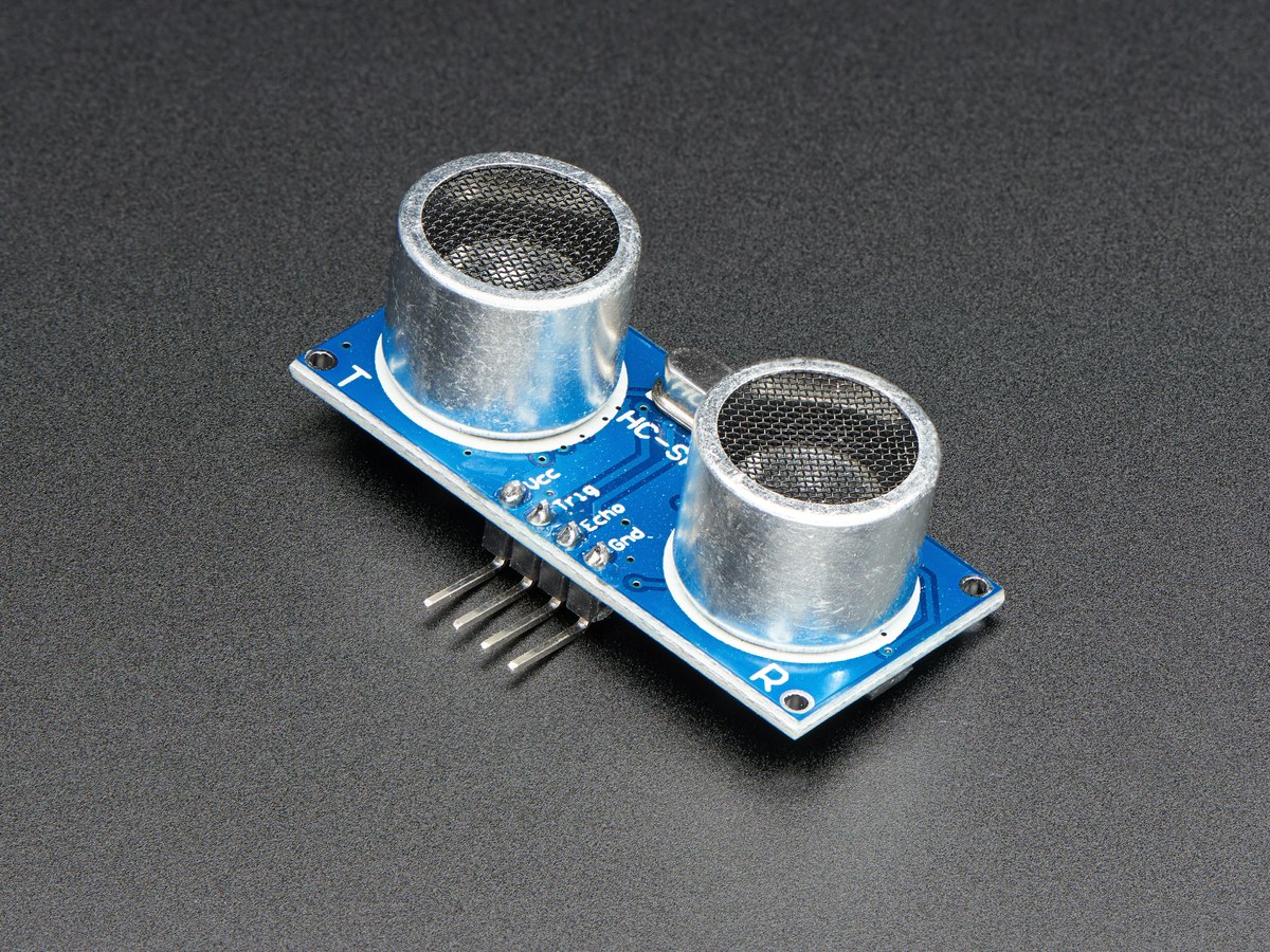 Front view of an HC-SR04 ultrasonic distance sensor