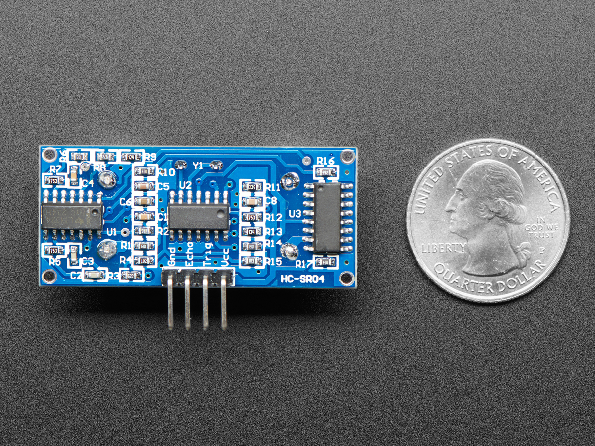 Rear PCB view of the HC-SR04 with VCC, Trig, Echo and GND pins