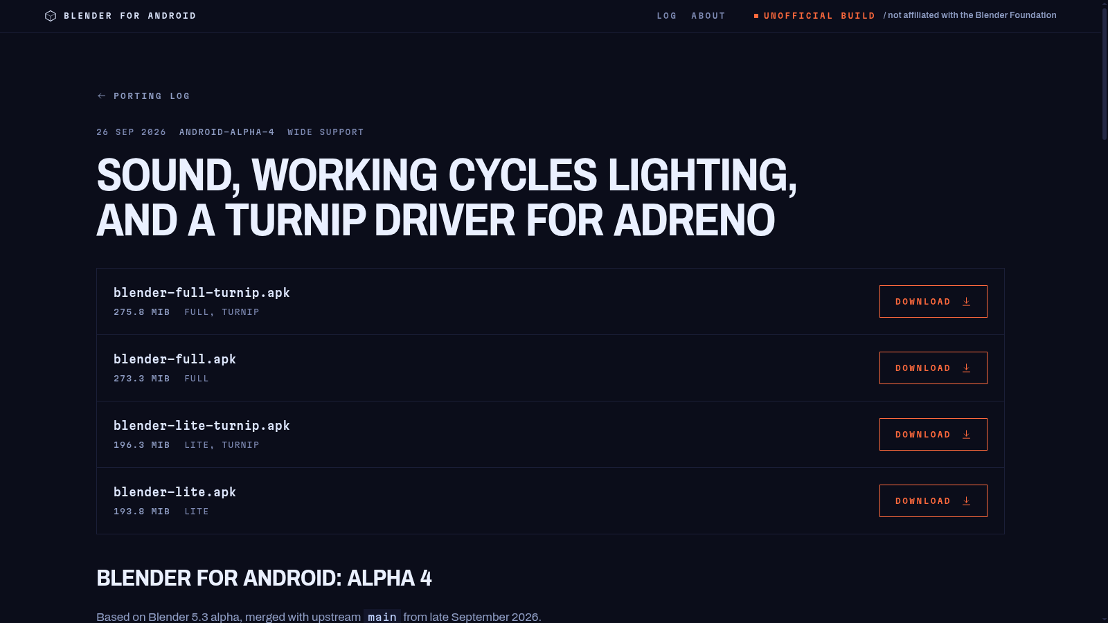 Blender for Android Alpha 4 page showing four APK download choices