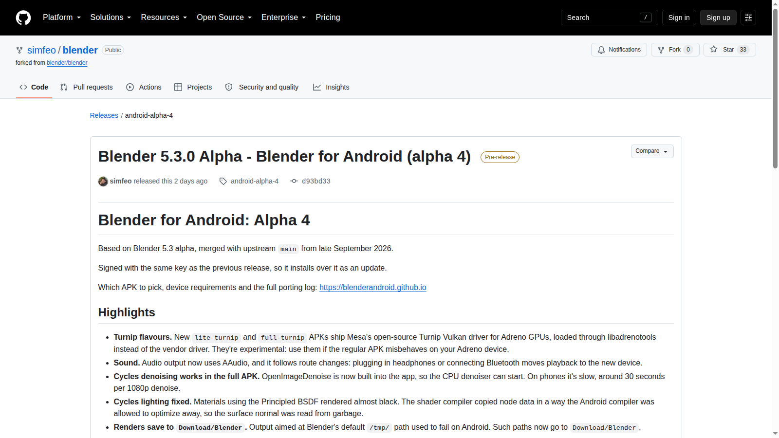 GitHub release notes for Blender for Android Alpha 4