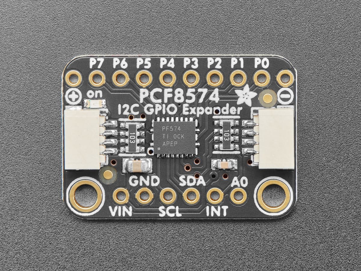 Rear view of the Adafruit PCF8574 breakout showing address jumpers