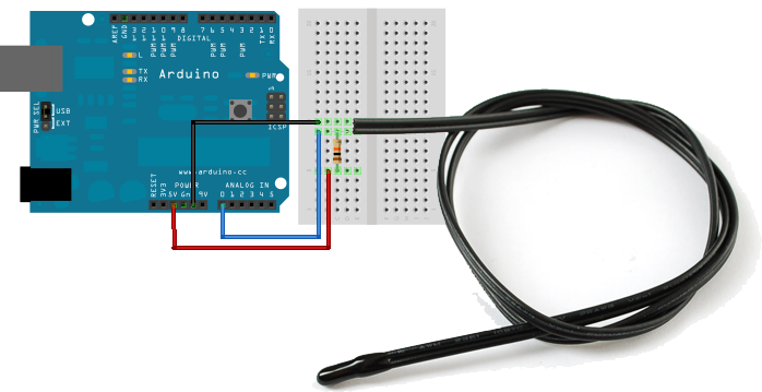 Adafruit thermistor voltage-divider wiring with a 10 kilohm fixed resistor