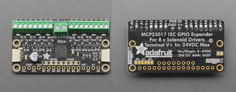 Adafruit eight-channel solenoid driver pinout showing logic, power and output terminals