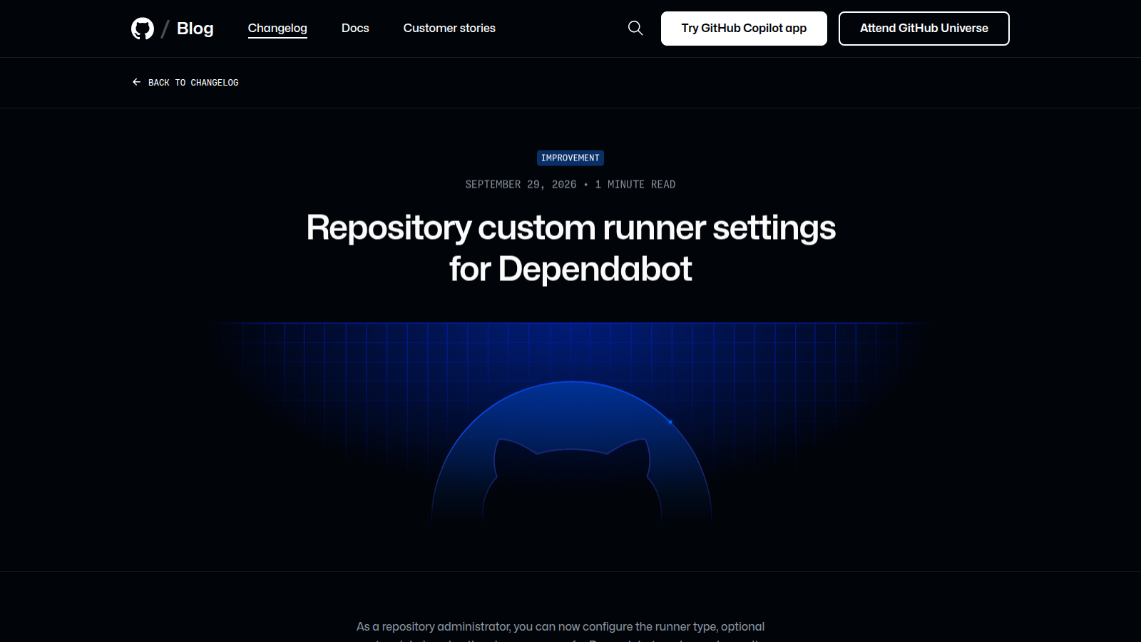 GitHub changelog page announcing repository custom runner settings for Dependabot
