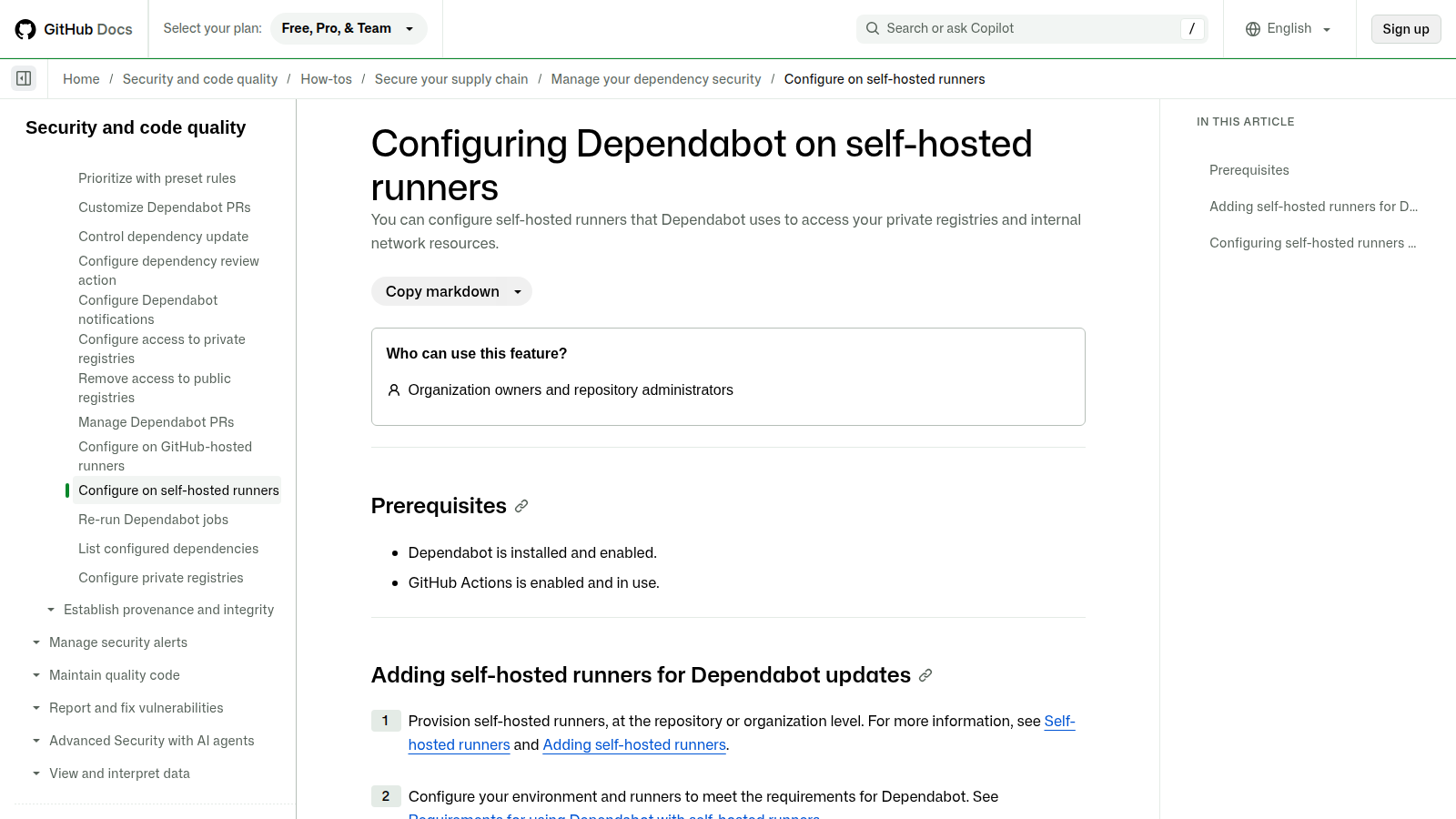 GitHub documentation for configuring Dependabot on self-hosted runners