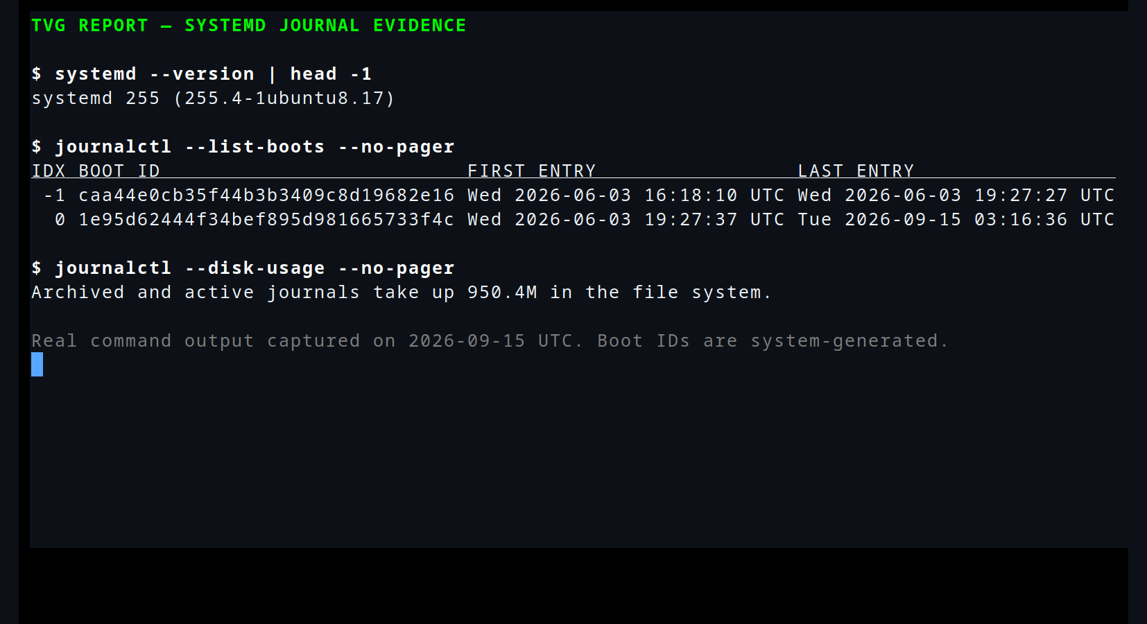 Terminal showing real journalctl list-boots and disk-usage output across two Linux boots Terminal showing real journalctl list-boots and disk-usage output across two Linux boots