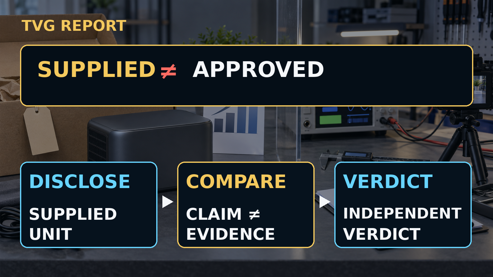 TVG Report review-policy graphic explaining supplied products, independent conclusions, and verified results