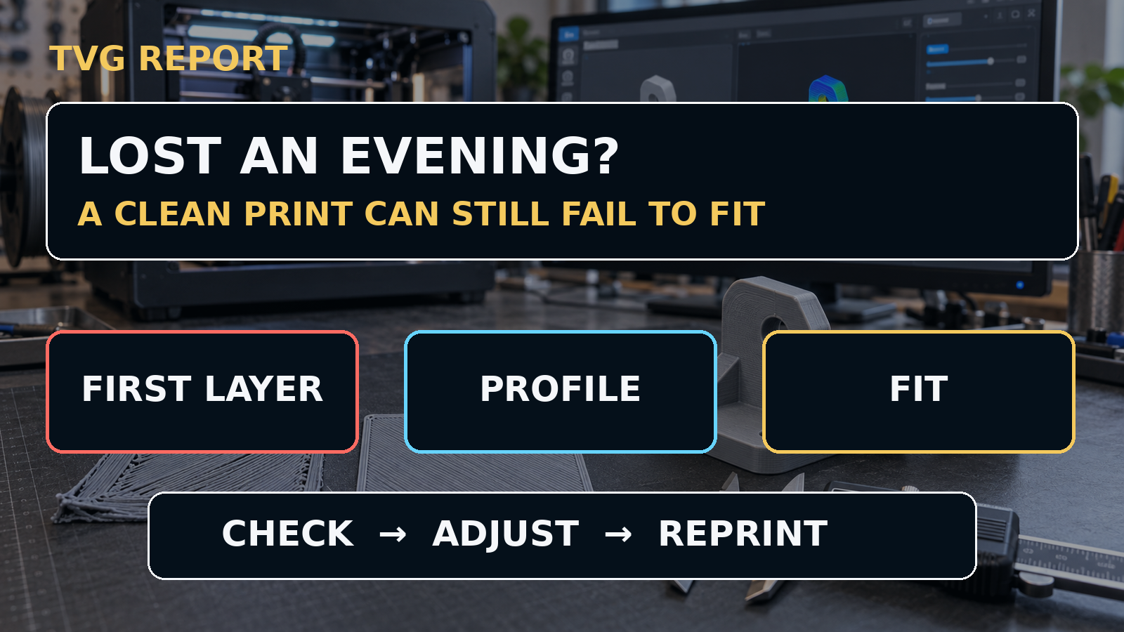 TVG Report infographic over a 3D-printing workbench highlighting first-layer, profile, and fit checks before adjusting and reprinting