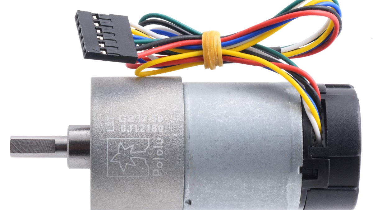 Side view of the Pololu 37D gearmotor showing the shaft and encoder leads