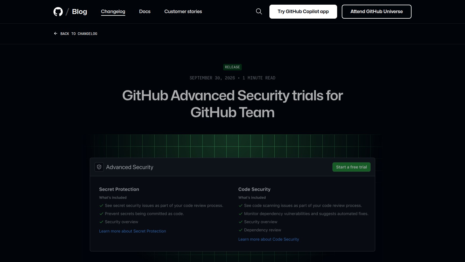Official GitHub Changelog page announcing Advanced Security trials for GitHub Team