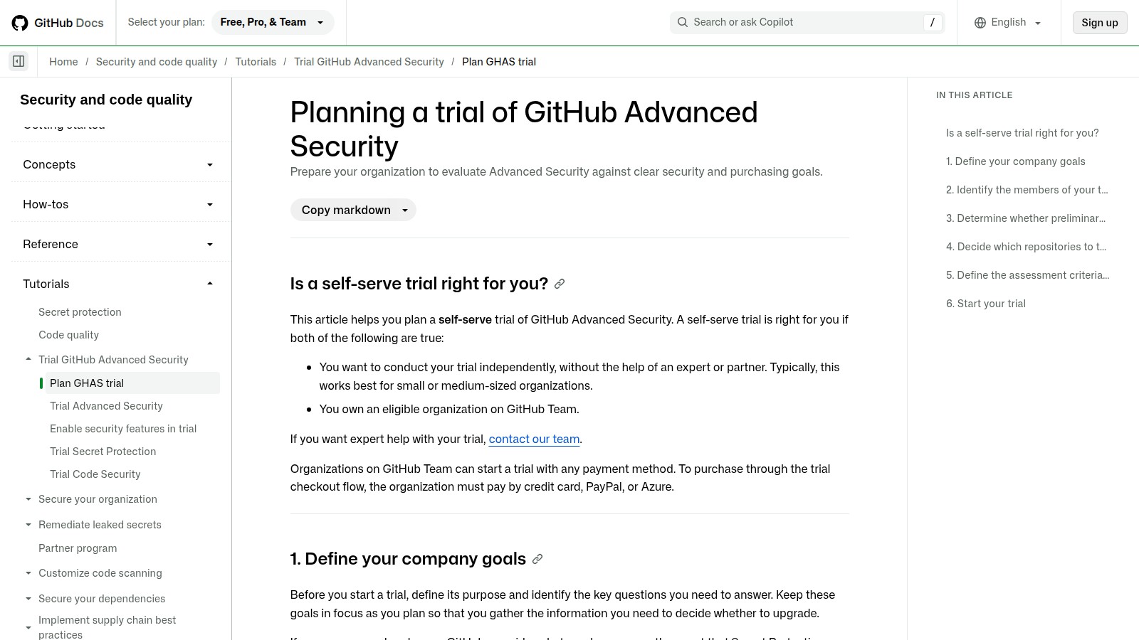 GitHub documentation page for planning an Advanced Security trial